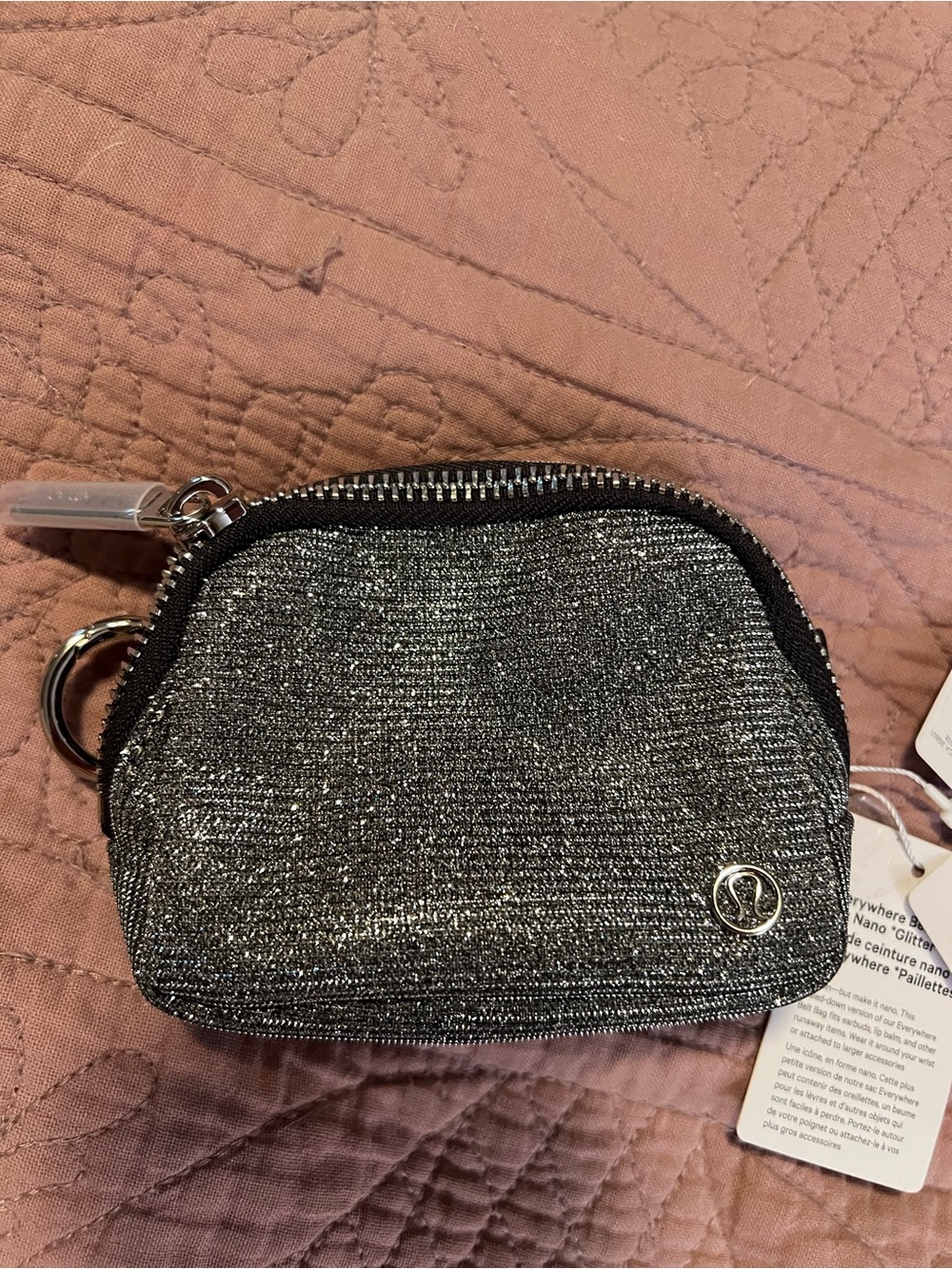 Lululemon Nano Everywhere Belt Bag Keychain Pouch Black Silver Glitter NWT